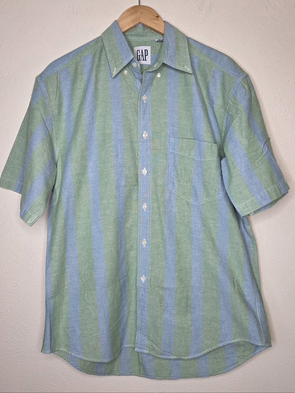 Vintage 90s GAP Green Blue Striped Oxford Button Down Shirt Cotton M Old GAP